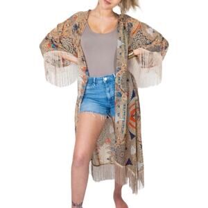 Bohemian Kimono with Fringe Detail One Size